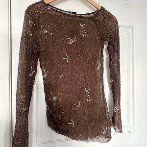 Zara Brown Sheer Beaded Top 🤎